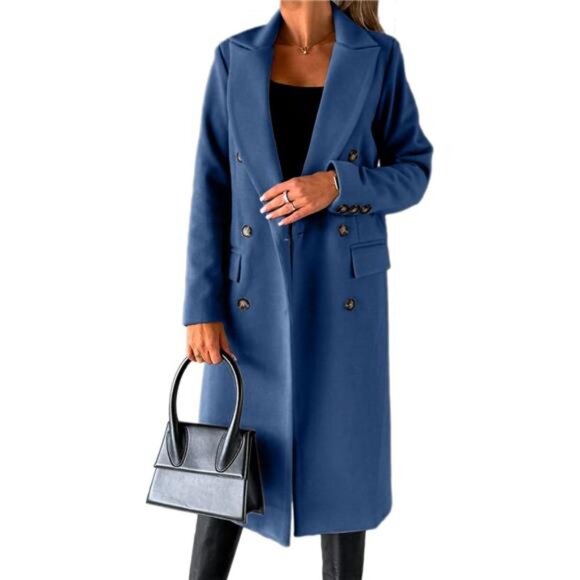 Womens Long Wool Coat Double Breasted Trench Coat Blue - Picture 1 of 4